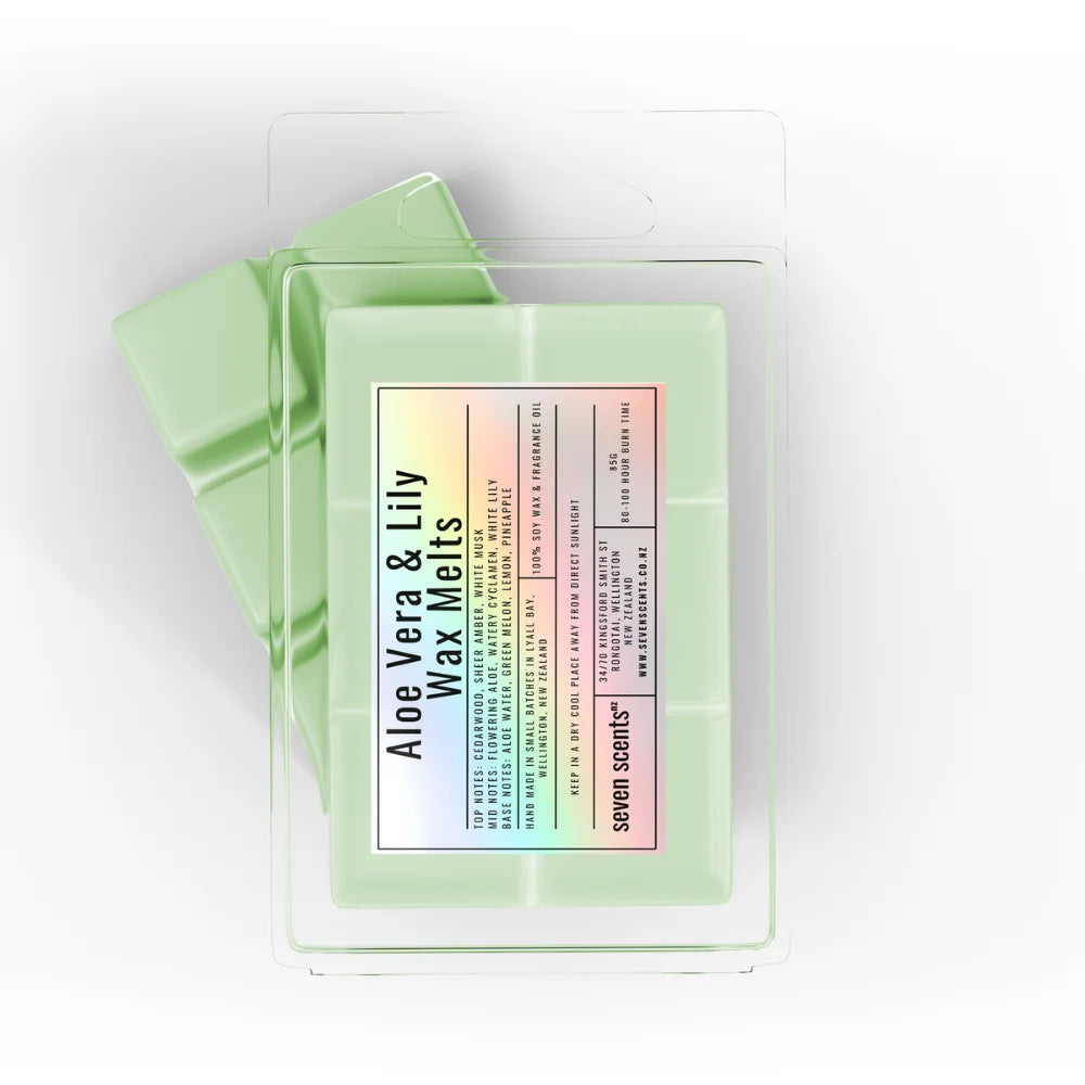 Pack of 'Aloe Vera & Lily Wax Melts' by seven scents on a white background