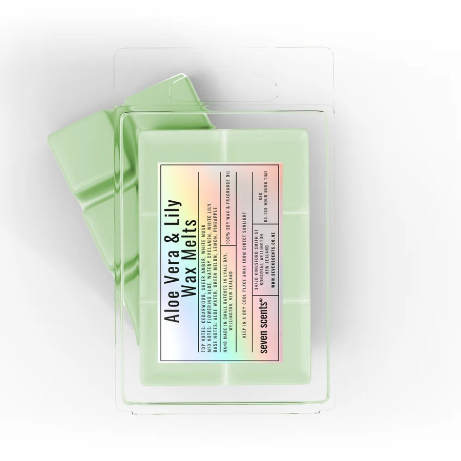 Pack of 'Aloe Vera & Lily Wax Melts' by seven scents on a white background