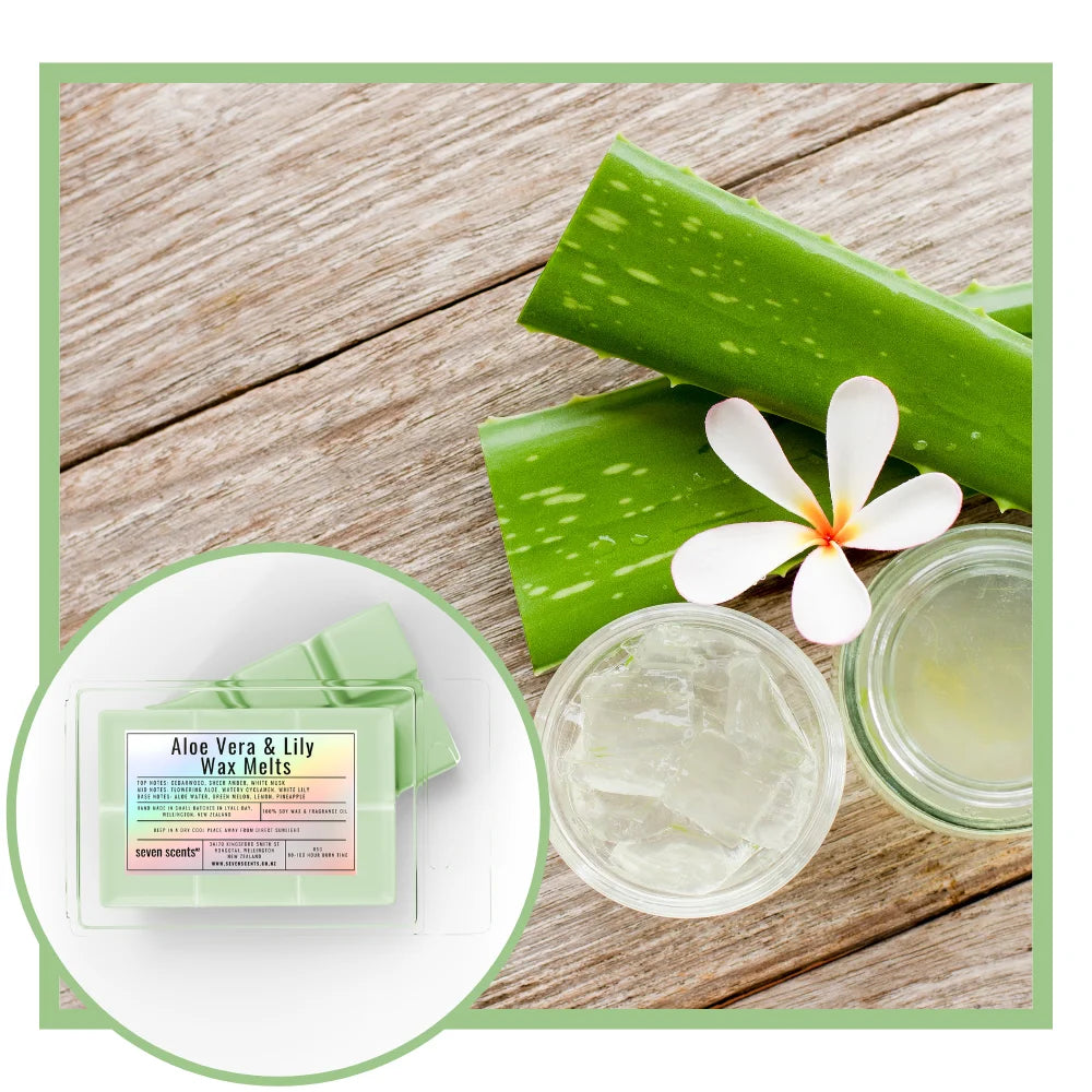Aloe vera wax melts with aloe vera leaves and a flower on a wooden surface.