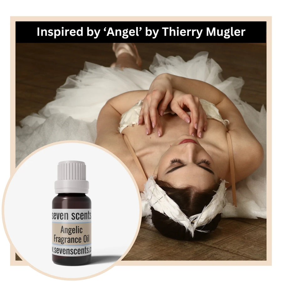 Woman in a white dress lying down with a bottle of 'Seven Scents Angelic Fragrance Oil' inspired by Angel by Thierry Mugler