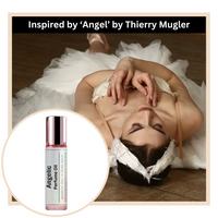 Angelic perfume oil inspired by Angel by Thierry Mugler with a woman in a white tutu dress