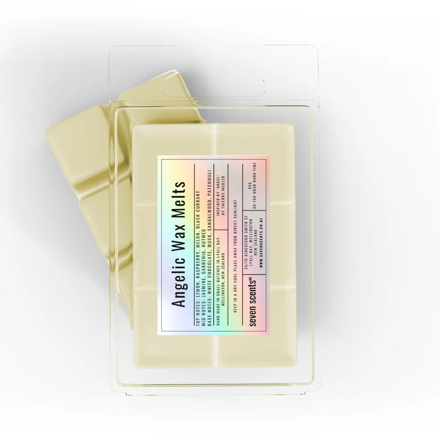 Pack of 'Angelic Wax Melts' by seven scents on a white background