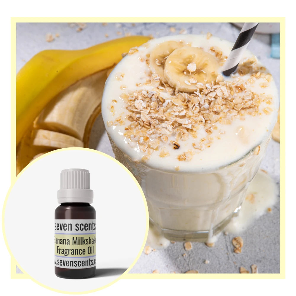 Banana milkshake with toppings and a bottle of Seven Scents banana milkshake fragrance oil.