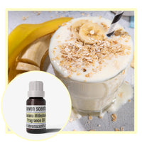 Banana milkshake with toppings and a bottle of Seven Scents banana milkshake fragrance oil.