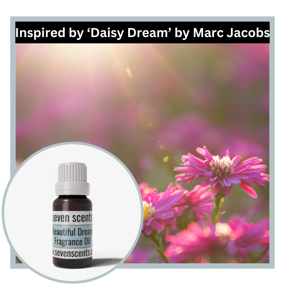 Seven Scents beautiful dream fragrance oil bottle with pink flowers in the background, inspired by 'Daisy Dream' by Marc Jacobs.