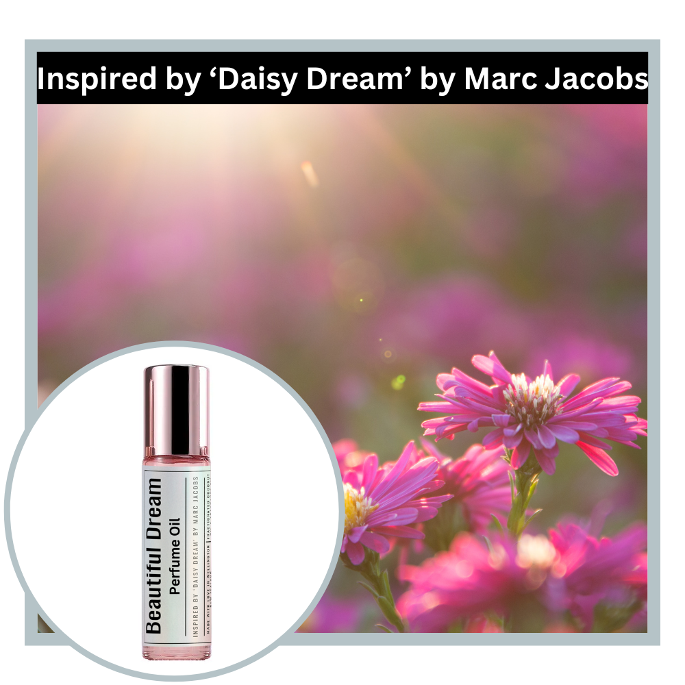 Beautiful Dream perfume oil inspired by daisy dream by Marc Jacobs with pink flowers in the background