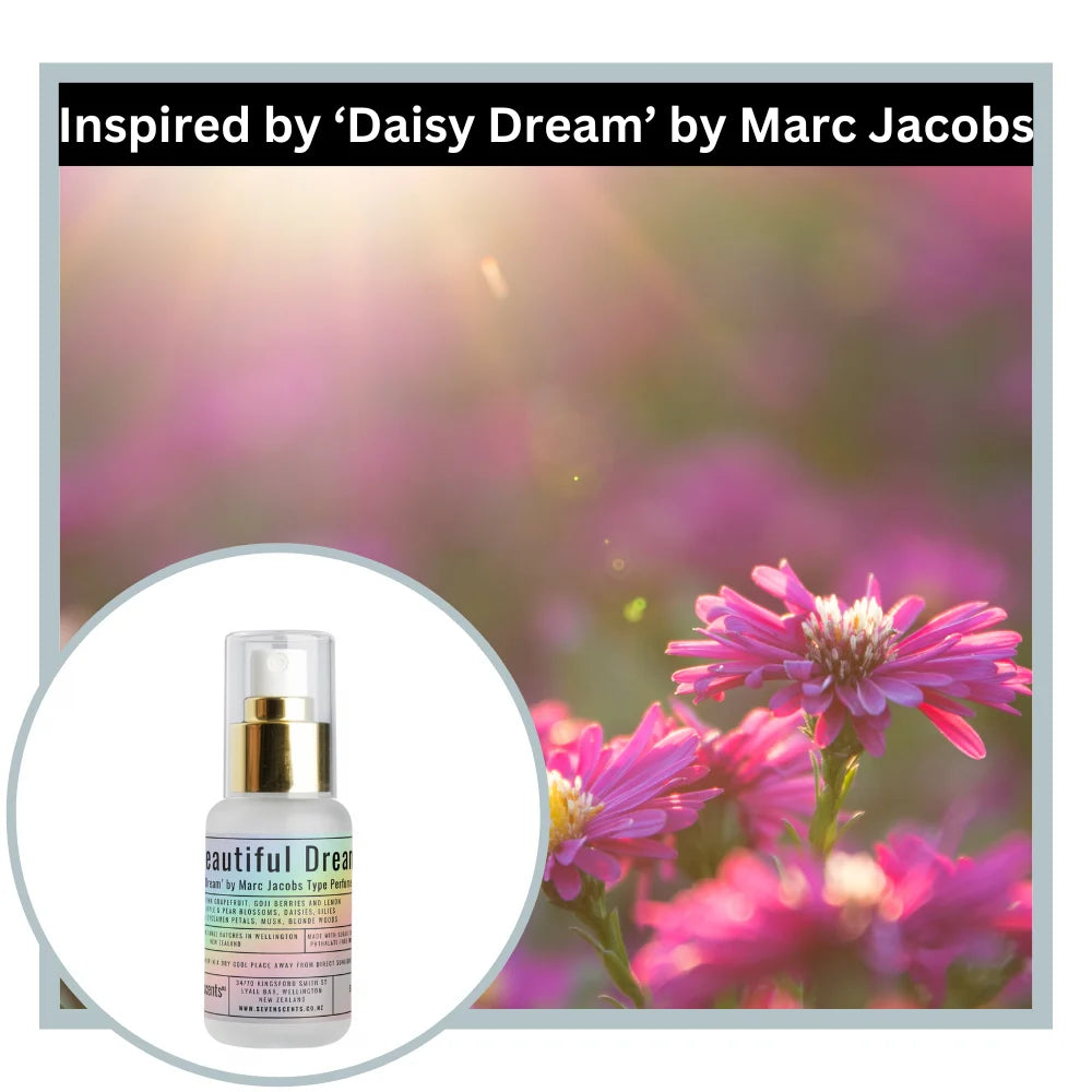 Product bottle labeled 'Beautiful Dream' inspired by 'Daisy Dream' by Marc Jacobs, set against a blurred floral background.