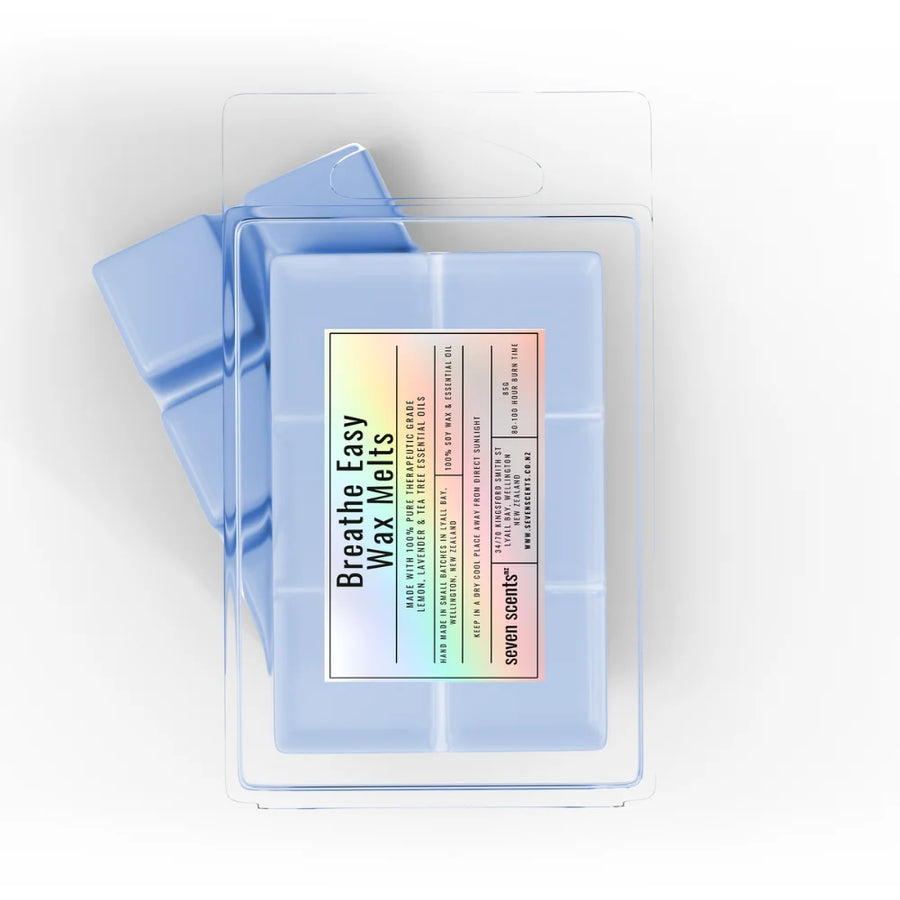 Pack of 'Breathe Easy Wax Melts' by seven scents on a white background