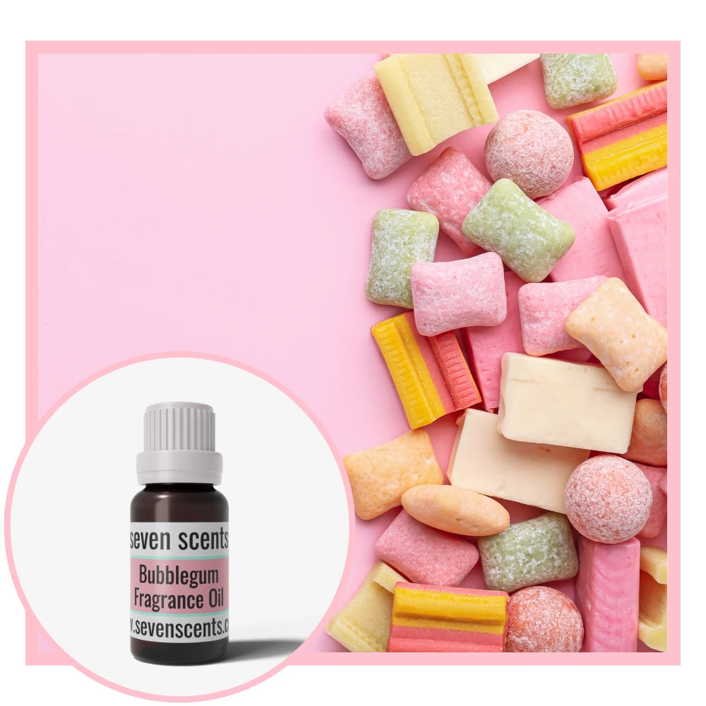 Colourful candy pieces on a pink background with a bottle of Seven Scents Bubblegum fragrance oil.