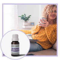 Calming essential oil blend by Seven Scents with a calm woman in yellow sweater holding a cup.