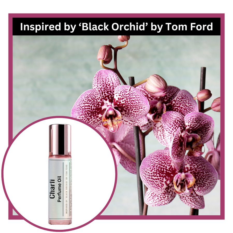 Charli perfume oil bottle with pink orchids inspired by 'Black Orchid' by Tom Ford