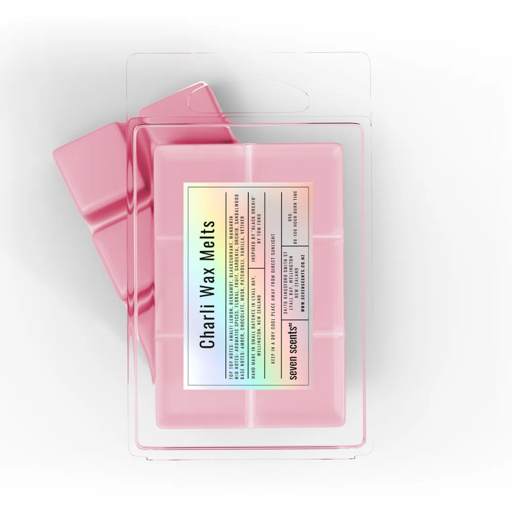 Pack of 'Charli Wax Melts' by seven scents on a white background