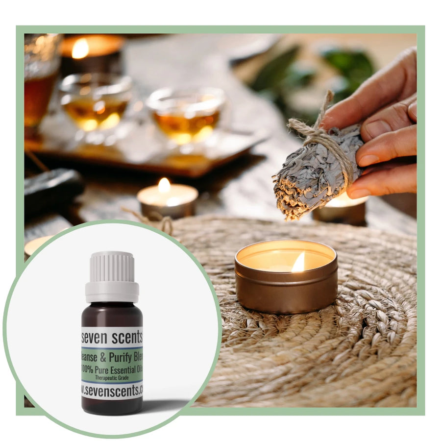 Cleanse and Purify essential oil blend by Seven Scents with a person holding sage with a lit candle 