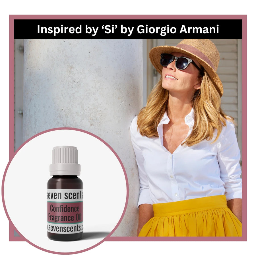 Confidence fragrance oil inspired by Si by Giorgio Armani with a confident woman wearing sunglasses and a hat