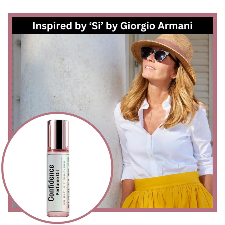 Confidence perfume oil inspired by Si by Giorgio Armani with a confident woman in sunglasses and hat