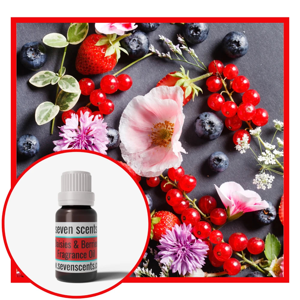 Daisies and Berries fragrance oil with fruits and flowers on a dark background