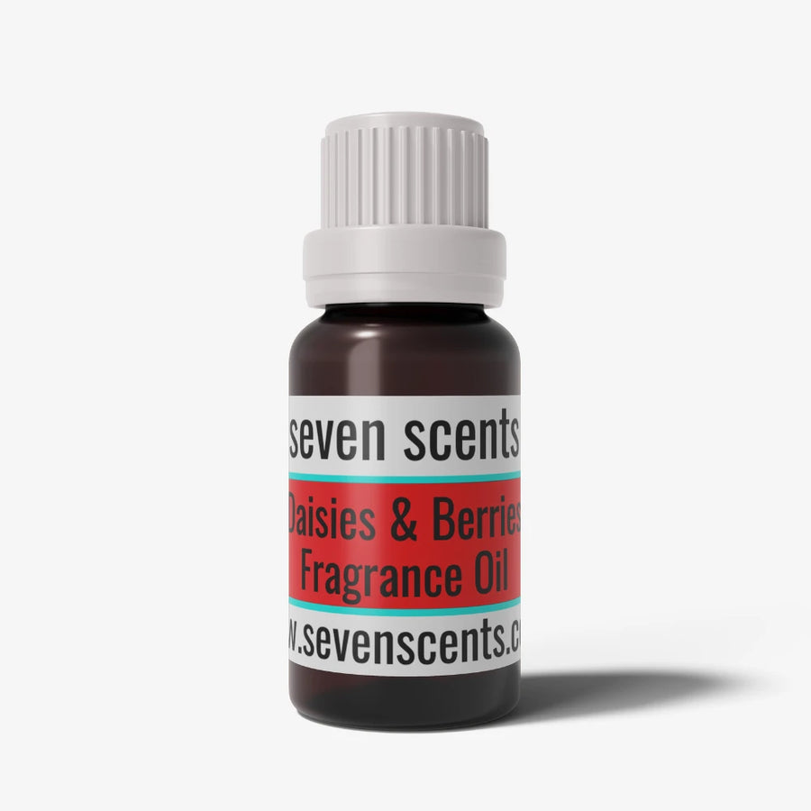 Daisies and Berries fragrance oil bottle with a white cap on a white background