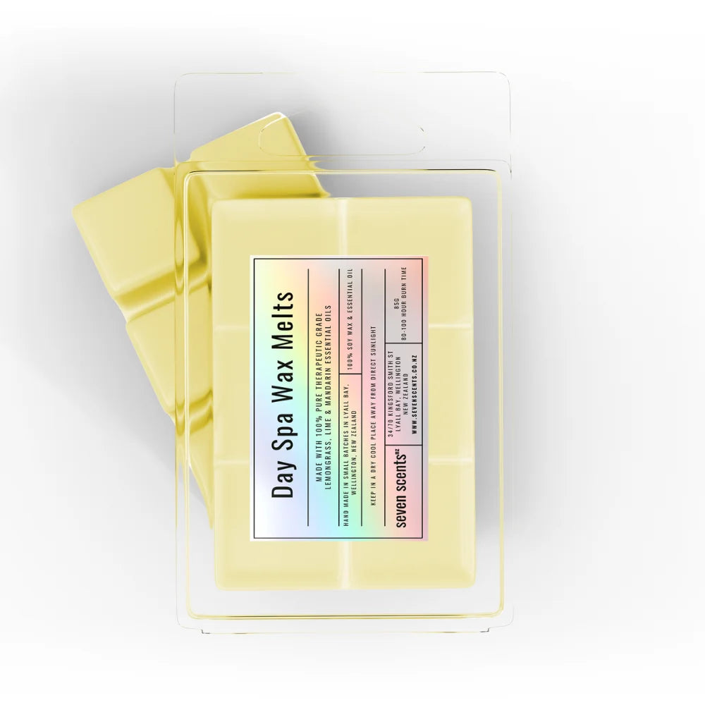 Pack of 'Day Spa Wax Melts' by seven scents on a white background