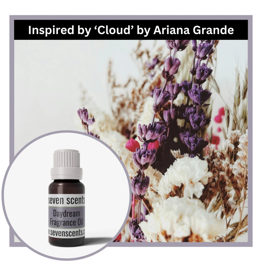 Seven Scents Daydream Fragrance Oil bottle with floral background inspired by 'Cloud' by Ariana Grande