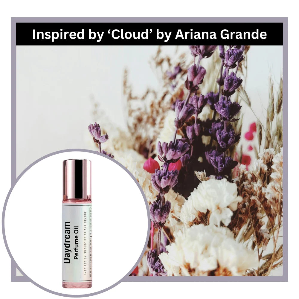 Daydream perfume oil bottle with floral background, inspired by 'Cloud' by Ariana Grande