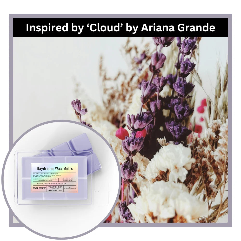 Daydream wax melts inspired by 'Cloud' by Ariana Grande with floral background