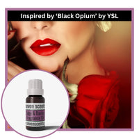Edgy and daring fragrance oil inspired by Black Opium by YSL and a close-up of a woman's face with red lipstick.