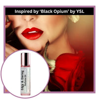Edgy and Daring perfume oil bottle with a woman wearing red lipstick and a red rose, inspired by 'Black Opium' by YSL.