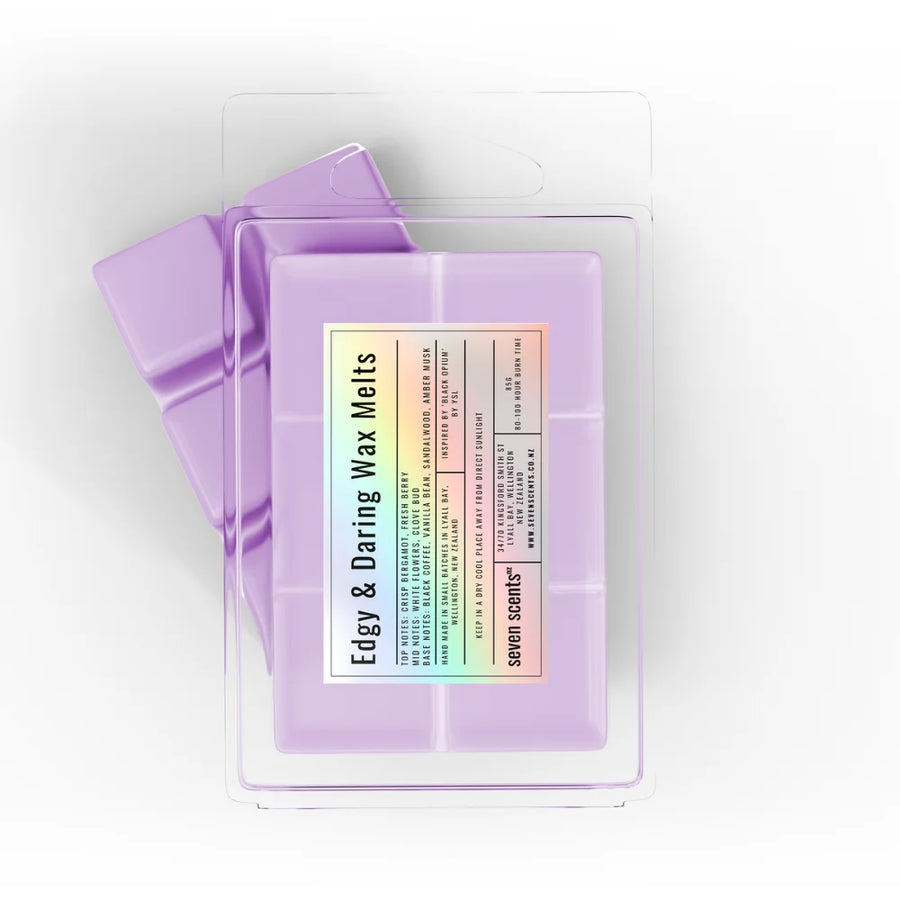 Pack of 'Edgy & Daring Wax Melts' by seven scents on a white background