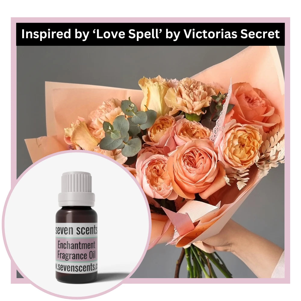 Bouquet of flowers with a bottle of Seven Scents fragrance oil, inspired by 'Love Spell' by Victoria's Secret.