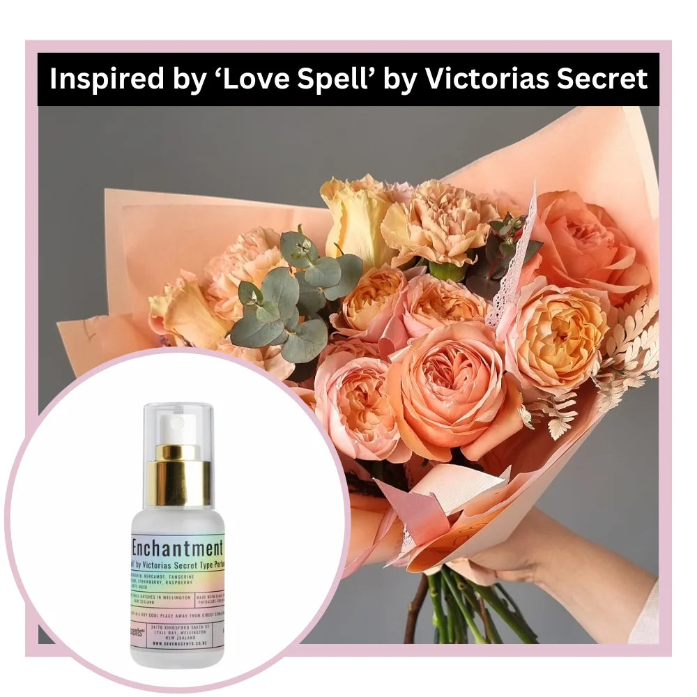 Bouquet of flowers with a perfume bottle labeled 'Enchantment' inspired by 'Love Spell' by Victoria's Secret.