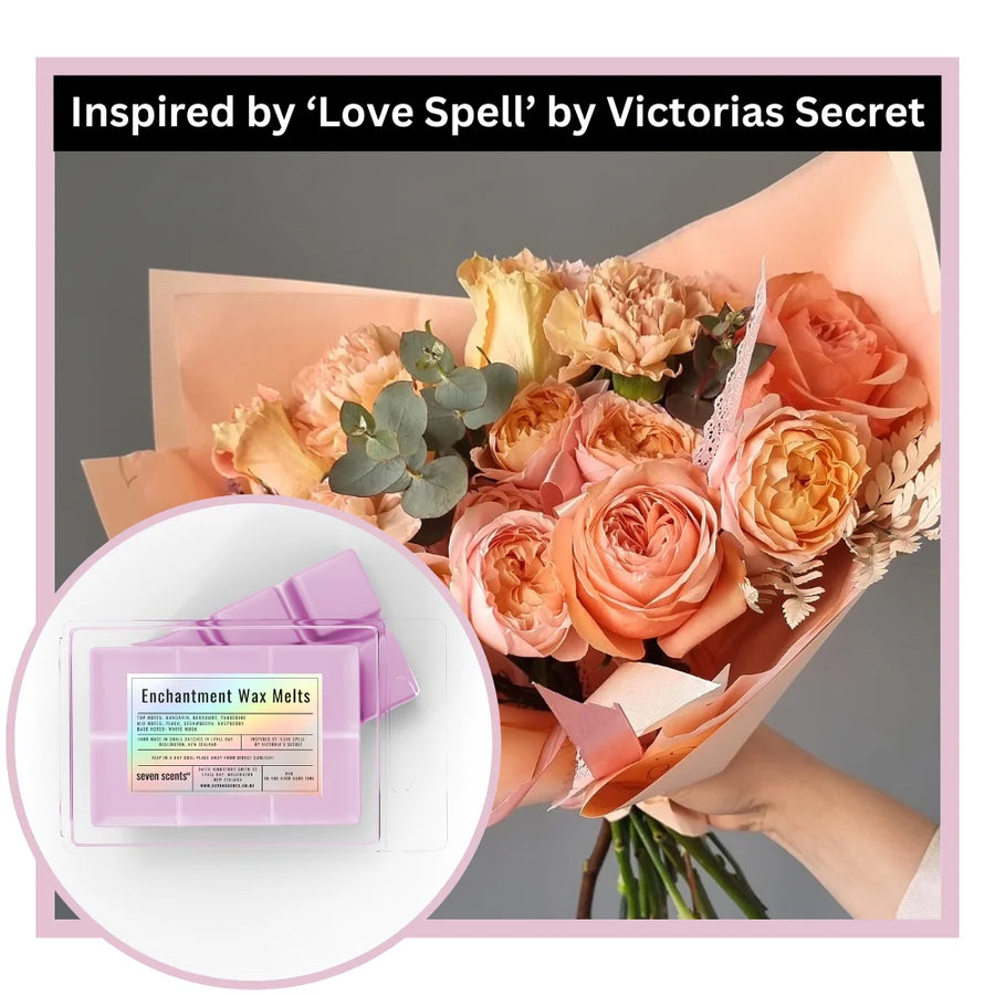 Bouquet of flowers with a box of 'Enchantment Wax Melts' inspired by 'Love Spell' by Victoria's Secret.