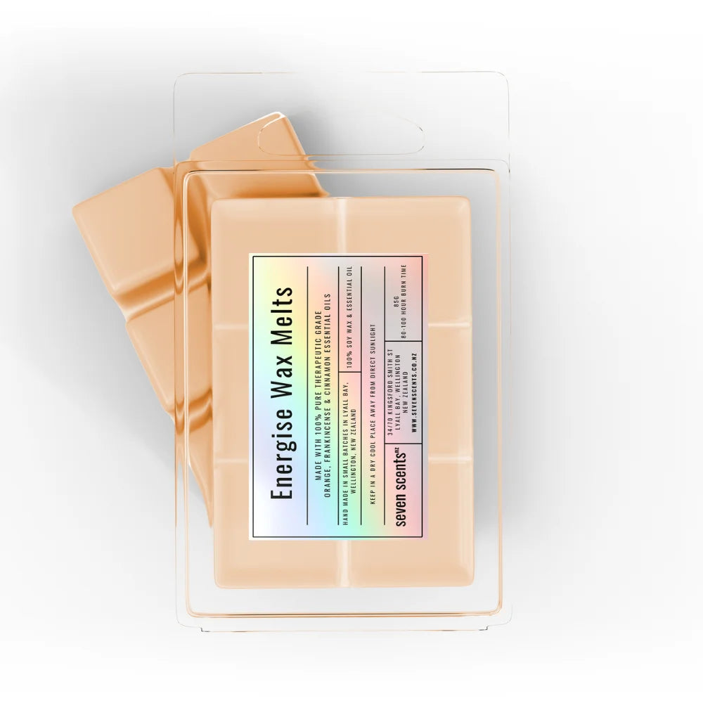 Pack of 'Energise Wax Melts' by seven scents on a white background