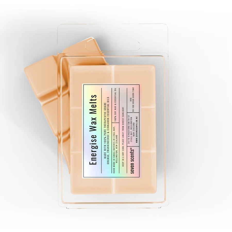 Pack of 'Energise Wax Melts' by seven scents on a white background