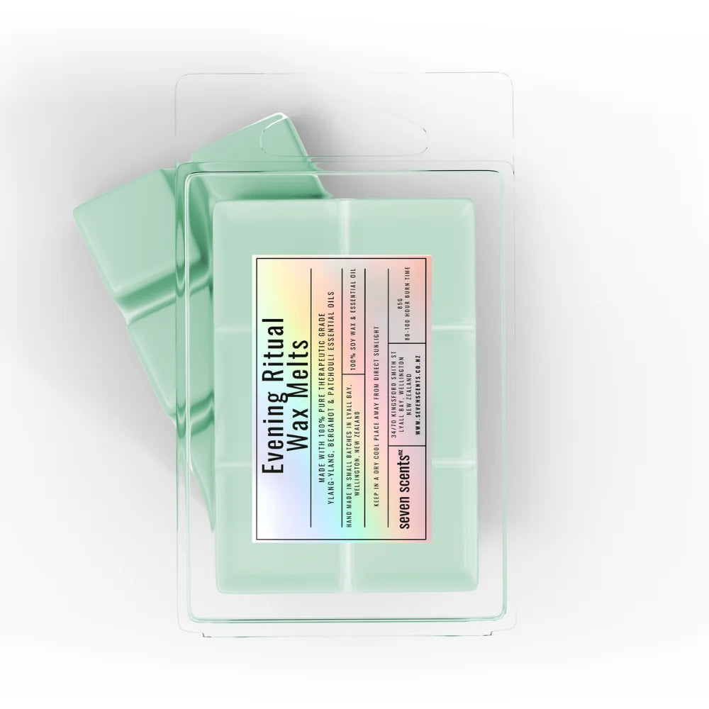 Pack of 'Evening Ritual Wax Melts' by seven scents on a white background