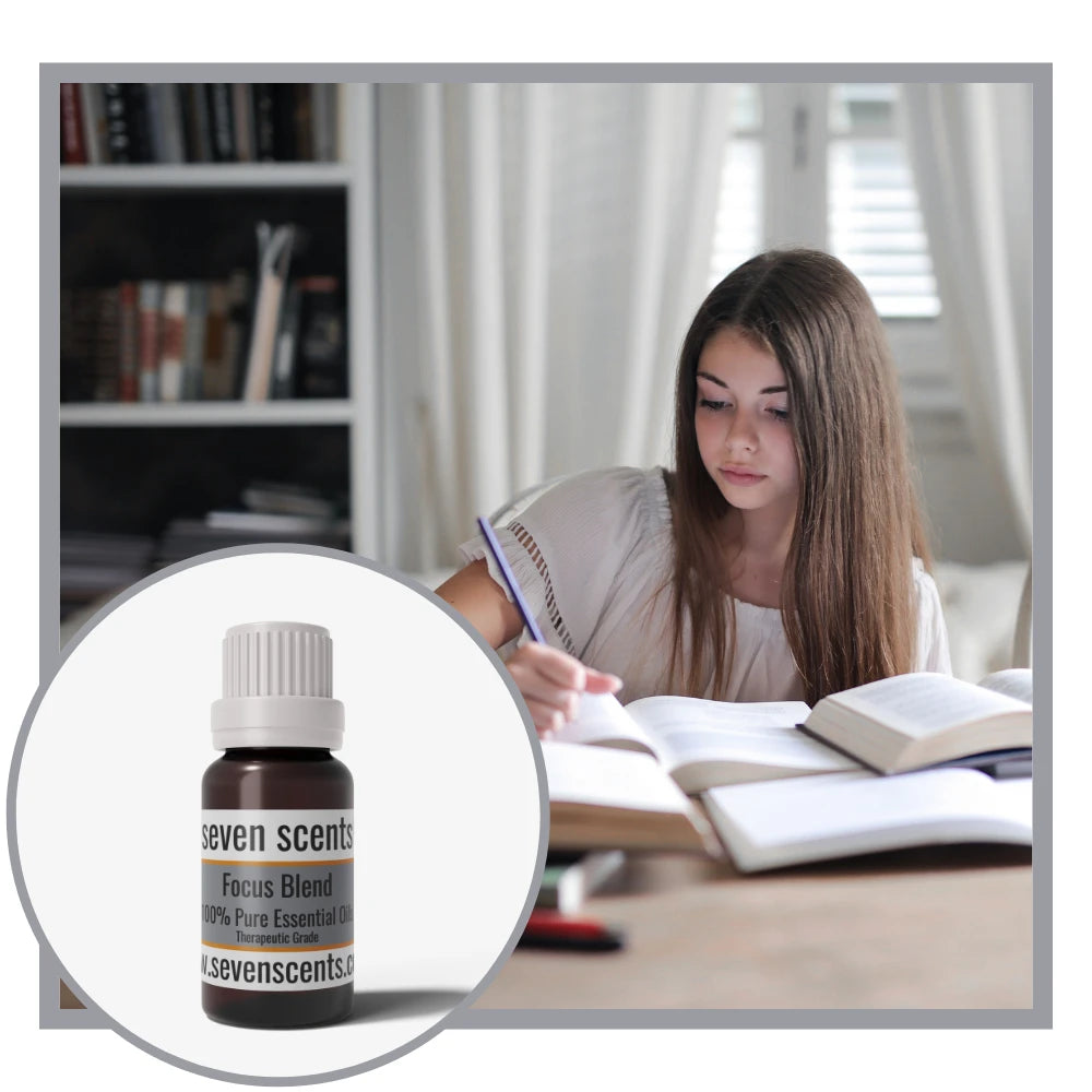 Focus essential oil blend by Seven Scents with a woman focussing and studying