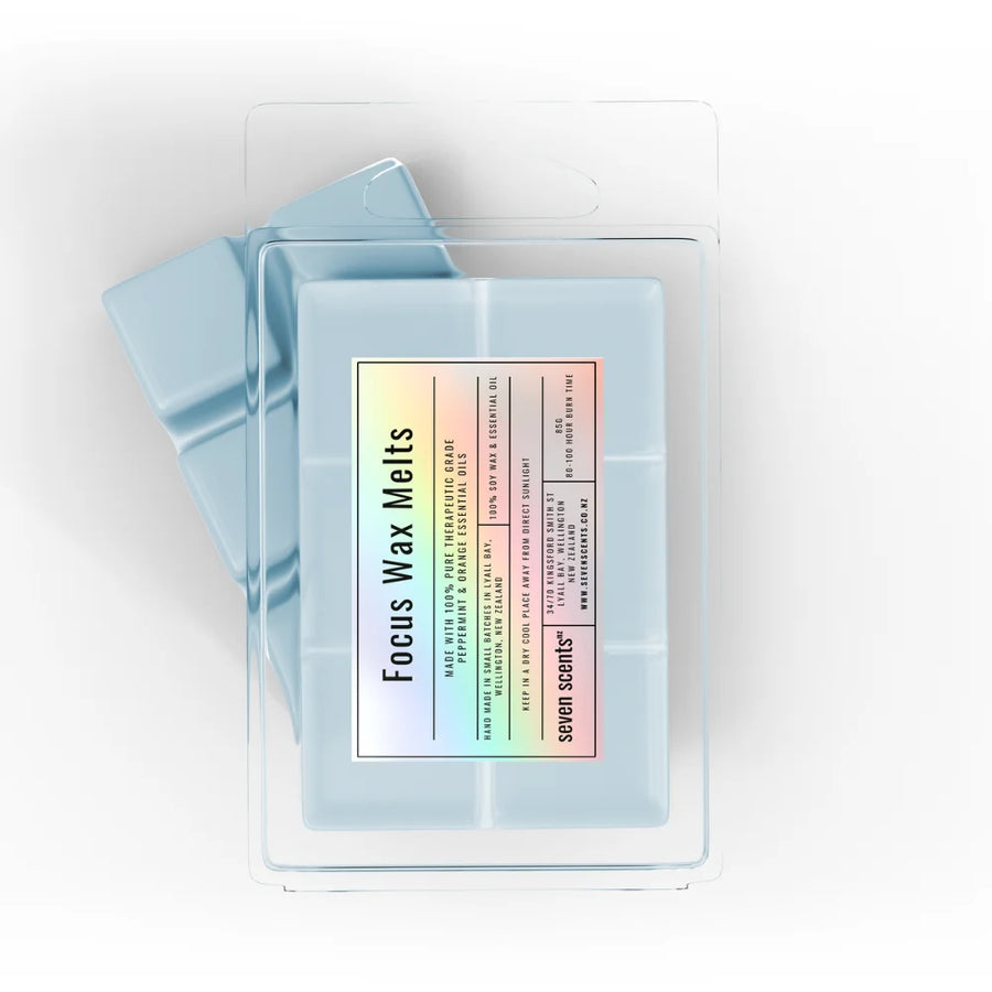 Pack of 'Focus Wax Melts' by seven scents on a white background