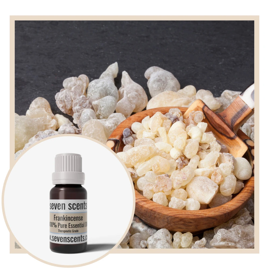 Frankincense essential oil by Seven Scents with frankincense resin in a wooden bowl