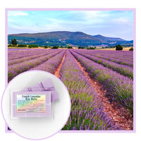French Lavender Wax Melts packaging with a scenic lavender field background
