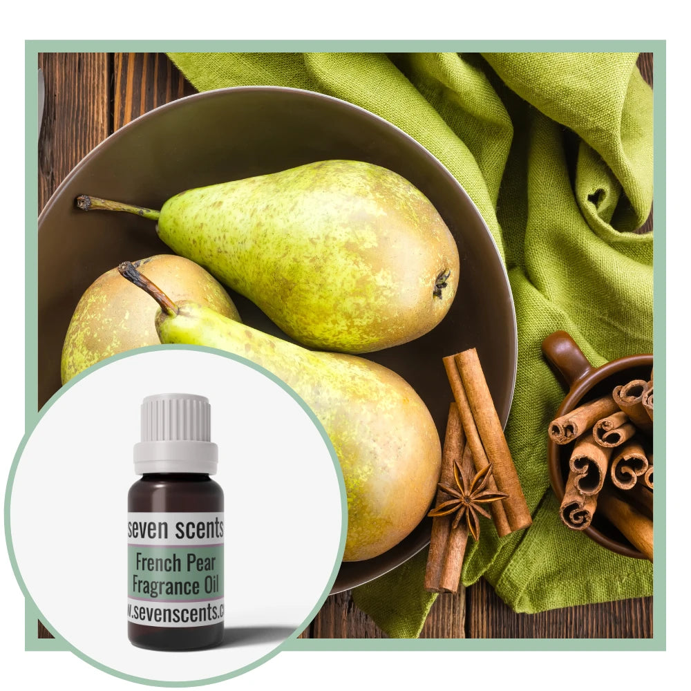 French pear fragrance oil with Three pears in a bowl with cinnamon sticks on a green cloth