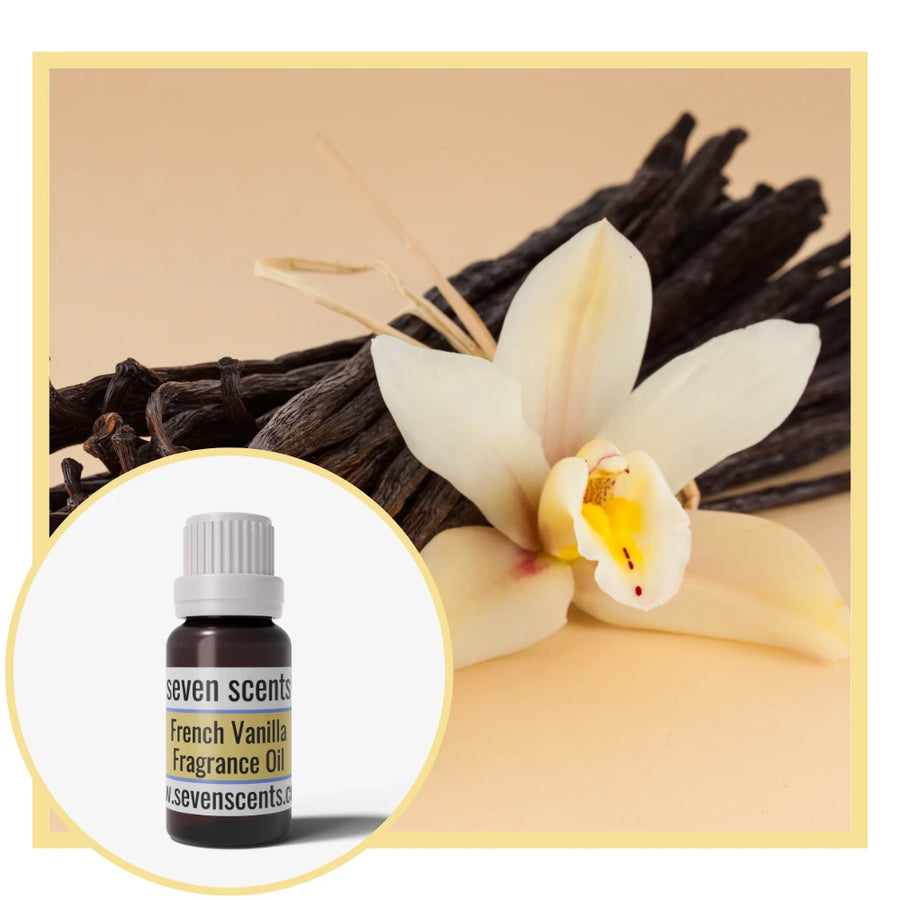 Vanilla flower and vanilla beans with a bottle of Seven Scents French Vanilla fragrance oil.