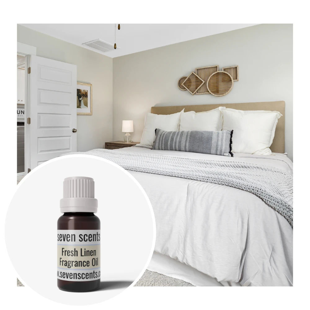 Modern bedroom with a bottle of Seven Scents Fresh Linen fragrance oil in the foreground.