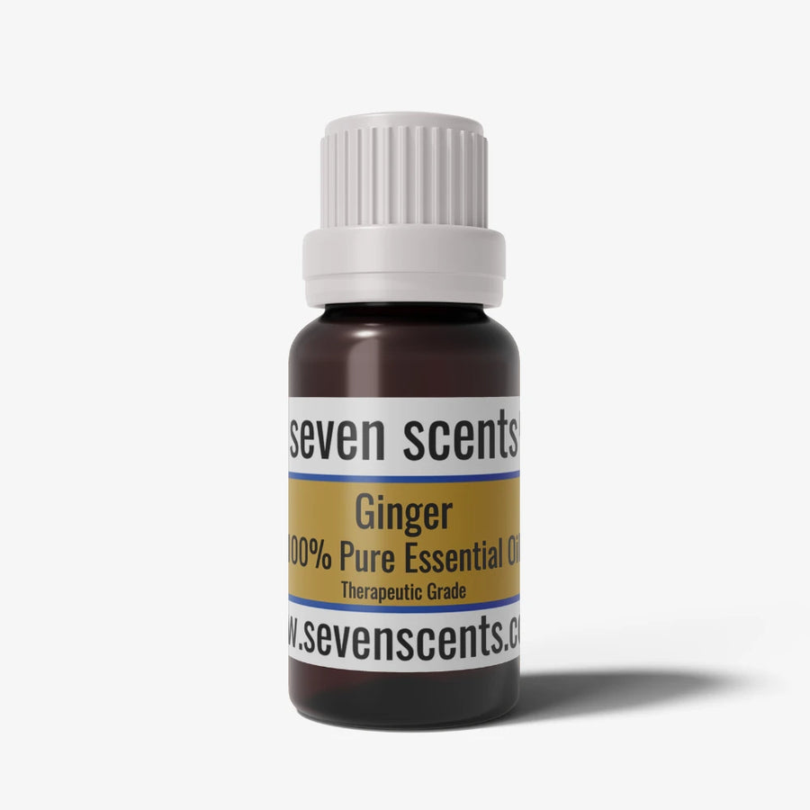 Ginger essential oil bottle by Seven Scents with a white cap on a white background