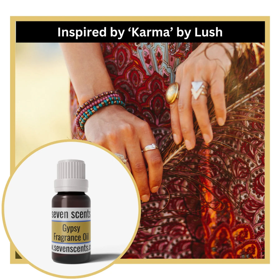 Gypsy fragrance oil inspired by Karma by lush with a close-up of hands with jewelry on a patterned fabric background