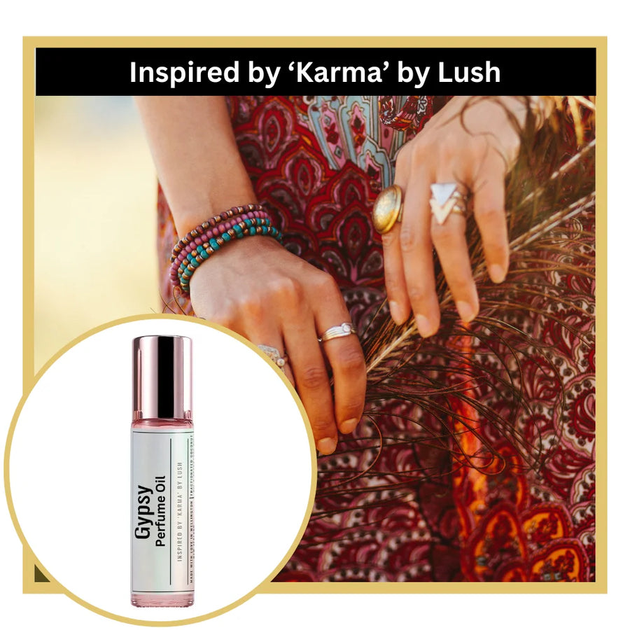 Gypsy Perfume oil bottle with a person holding feathers, inspired by 'Karma' by Lush.