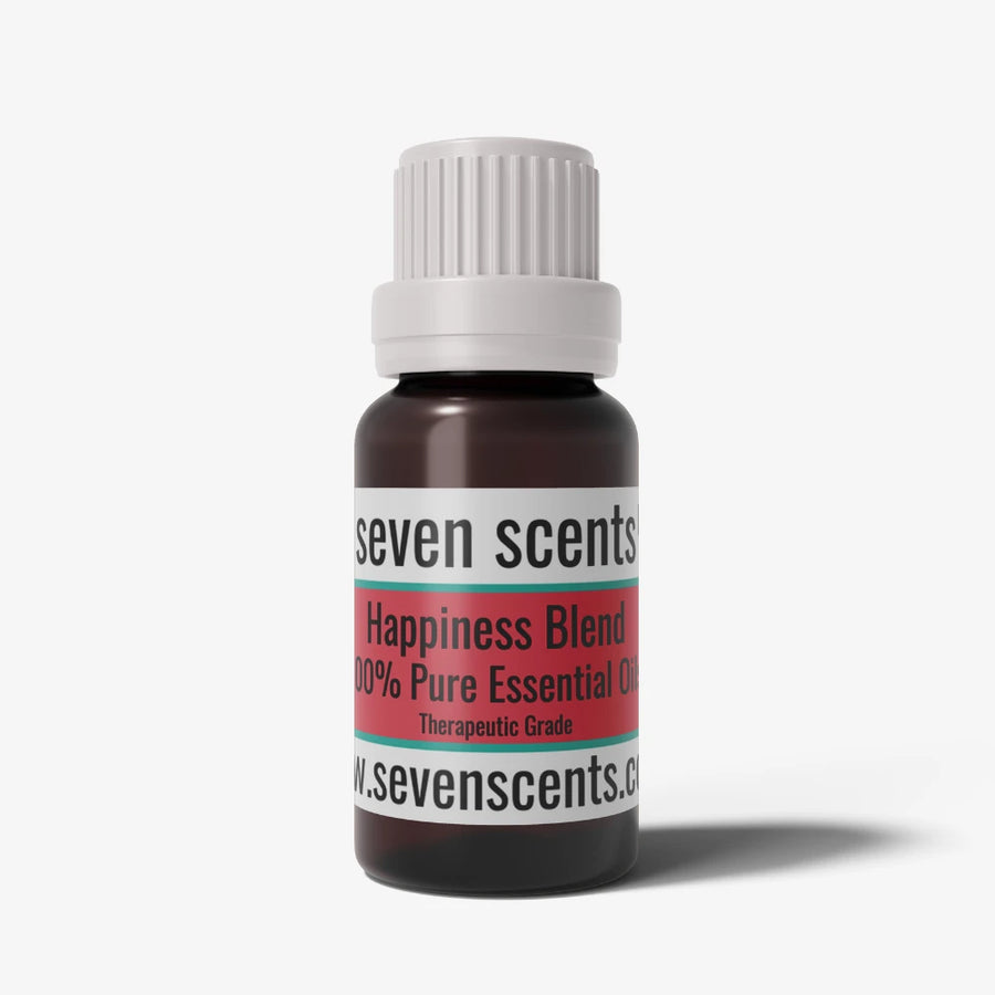 Happiness essential oil bottle by Seven Scents with a white cap on a white background