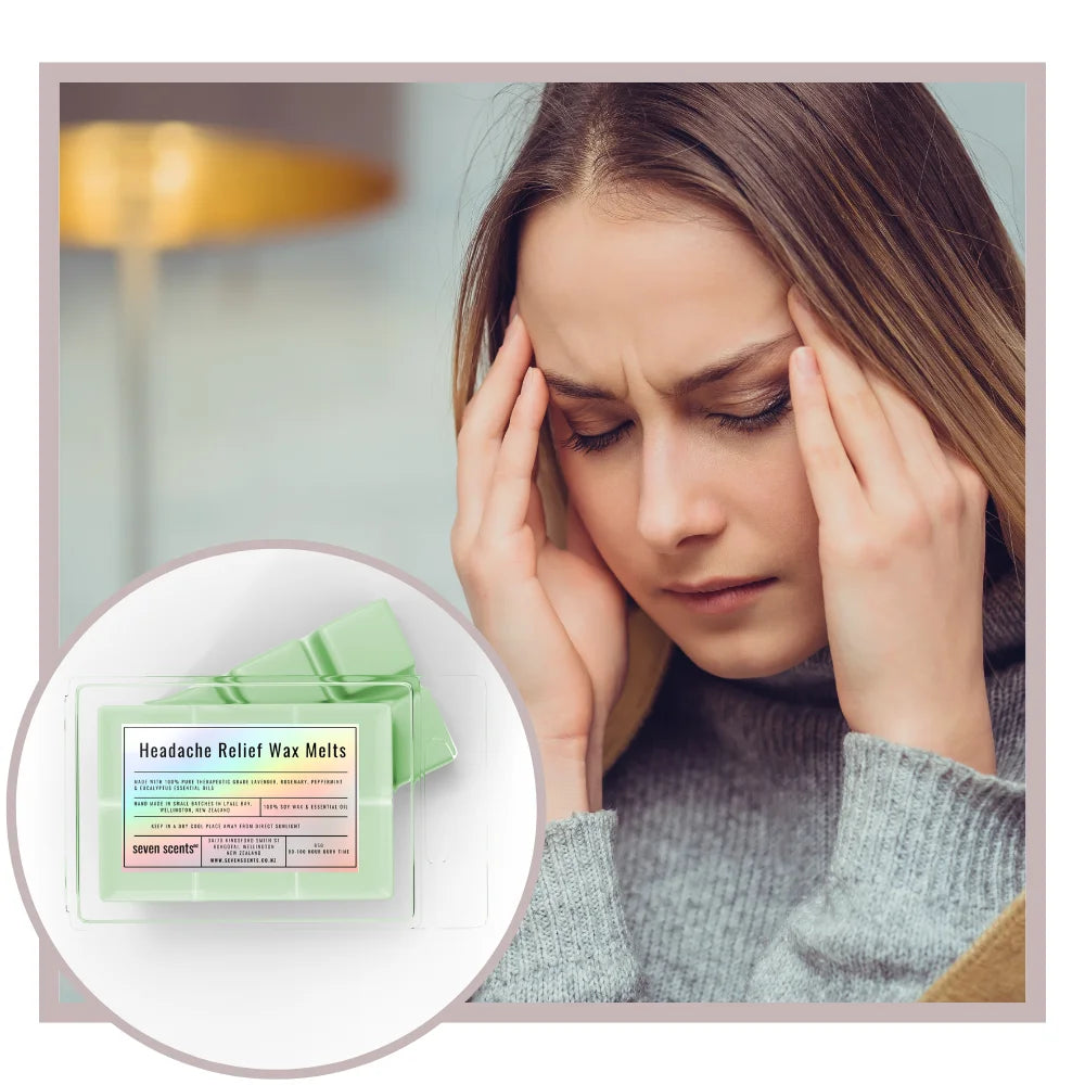 Woman with a headache holding her temples, with inset showing headache relief wax melts packaging.