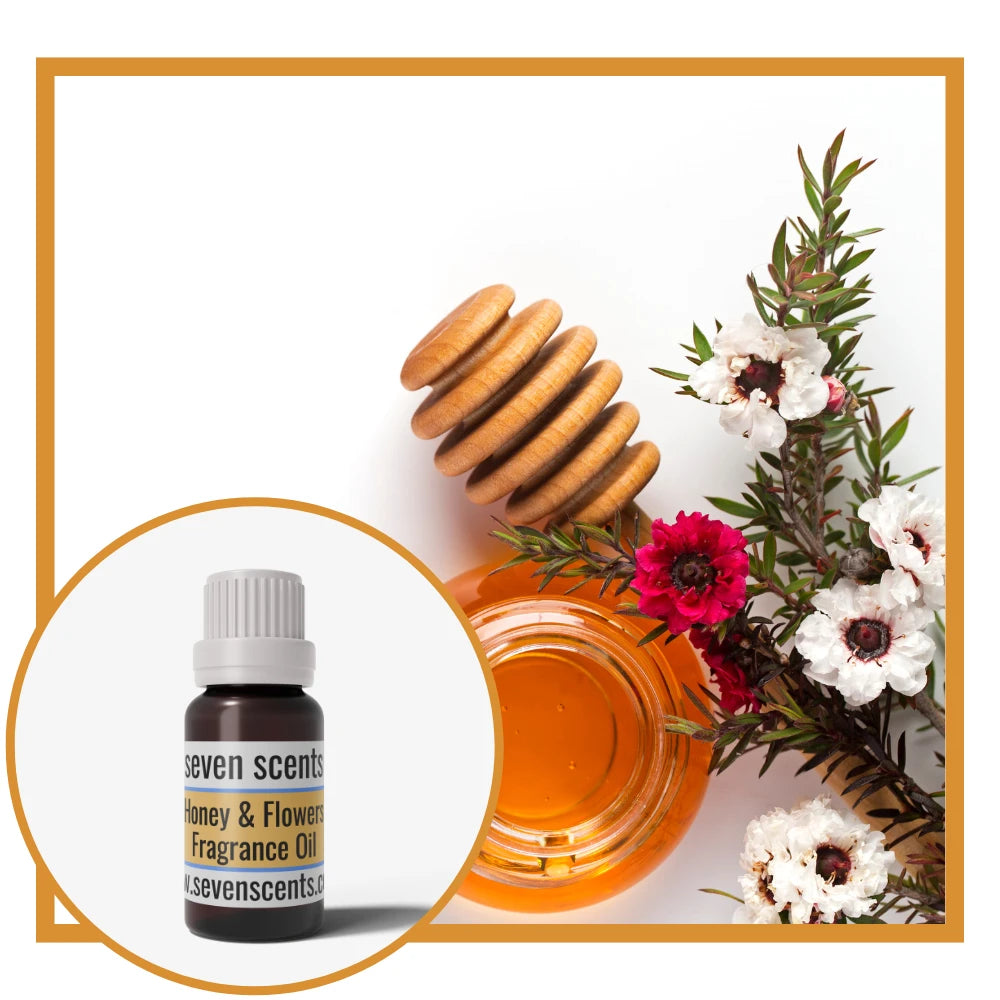 Honey and flower fragrance oil with honey and flowers on a light background.