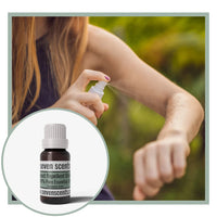 Insect Repellent essential oil blend by Seven Scents with a woman spraying insect repellent to her arm