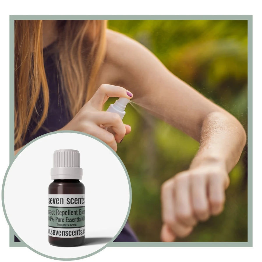 Insect Repellent essential oil blend by Seven Scents with a woman spraying insect repellent to her arm