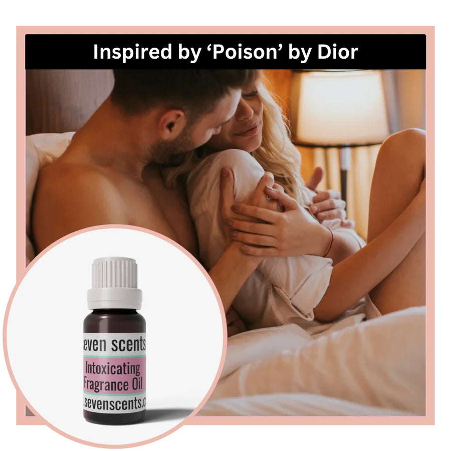 Couple embracing with a bottle of 'seven scents' intoxicating fragrance oil inspired by poison by Dior.